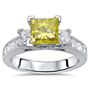 3-Stone Princess-Cut Diamond Engagement Ring with 2ct TDW Canary Yellow Sparkle in White Gold by Yaffie