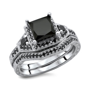 Yaffie ™ Princess Cut Black Diamond Bridal Set in White Gold - 2ct Total Diamond Weight