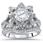 Lotus Flower Bridal Set with White Gold 2ct Moissanite and 1ct Diamond