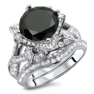 Yaffie Custom White Gold Set: 3.5ct TDW Black Round-Cut Diamond Ring & Band