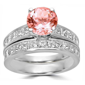 White Gold Morganite Diamond Engagement Ring Set with 3 1/3ct TGW Round-cut Sparkle
