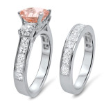 Morganite Diamond Engagement Set with White Gold and 3 3/5ct Total Gem Weight