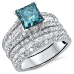Yaffie Blue Princess-cut Diamond Bridal Set with 3 5/8ct TDW in White Gold, 2 pieces.