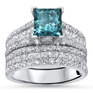 Yaffie Blue Princess-cut Diamond Bridal Set with 3 5/8ct TDW in White Gold, 2 pieces.