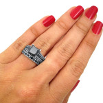 Yaffie Exquisite Princess Cut Black Diamond Ring Set in 3.8ct TDW White Gold - Handcrafted Beauty