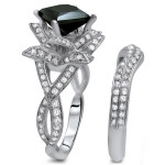 Yaffie ™ Custom Lotus Flower Ring Set - 3ct TDW White Gold with Chic Black and White Diamonds.