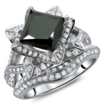 Yaffie ™ Custom Lotus Flower Ring Set - 3ct TDW White Gold with Chic Black and White Diamonds.