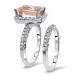 White Gold Morganite & Diamond Ring Set: Stunning 4 1/3ct Emerald-Cut Gem for Your Engagement