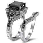 Yaffie ™ Unique Black Princess-cut Diamond Engagement Ring in White Gold, 4 1/4ct Bridal Set