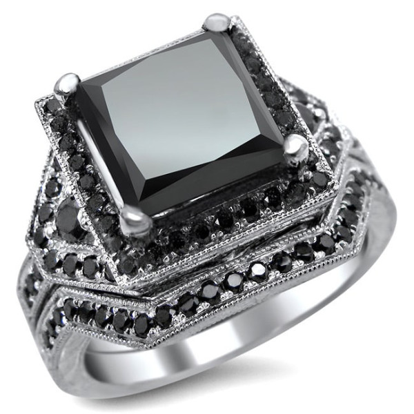 Yaffie ™ Unique Black Princess-cut Diamond Engagement Ring in White Gold, 4 1/4ct Bridal Set