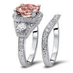 White Gold Bridal Set with 4ct Morganite and 1ct Diamonds in 3-stone Design by Yaffie.