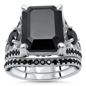 Yaffie™ Custom 8 3/4ct TDW Black Emerald-Cut Diamond Bridal Set in White Gold