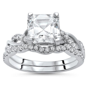 Asscher Moissanite and Diamond Engagement Ring Set in White Gold by Yaffie, 2/5ct TDW