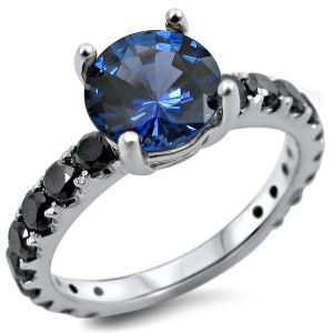 Yaffie ™ Custom Blue Sapphire and Black Diamond 1ct TDW Engagement Ring in White Gold