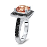 Yaffie ™ Bespoke Cushion Cut Morganite and Black Diamond Engagement Ring in White Gold