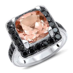 Yaffie™ Custom White Gold Morganite and Black Diamond Ring with a Cushion Cut for Your Engagement.