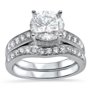 White Gold Moissanite and 1/2ct TDW Diamond Engagement Ring Set - Custom Made By Yaffie™