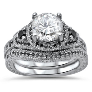Yaffie Custom White Gold Moissanite and 1/3 TDW Black Diamond Engagement Ring Set