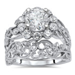 White Gold Flower Engagement Ring Set with Sparkling Moissanite and 3/4ct of Diamonds