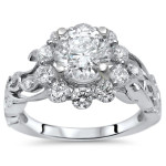 White Gold Flower Engagement Ring Set with Sparkling Moissanite and 3/4ct of Diamonds