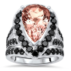 Yaffie™ Bespoke Morganite and Black Diamond Engagement Ring Set in White Gold, 2ct Total Weight.
