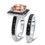 Custom Created White Gold Morganite and Black Diamond Wedding Band Ensemble by Yaffie ™