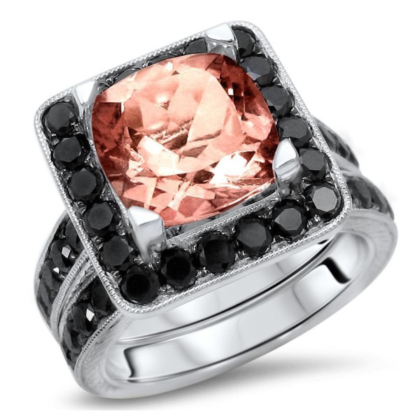 Yaffie ™ Custom White Gold Morganite and Black Diamond Wedding Set