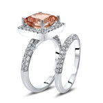 Pink Morganite & Diamond Halo Engagement Ring Set in White Gold by Yaffie