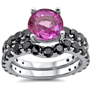 Yaffie ™ Custom Black Diamond & Pink Sapphire Bridal Ring in White Gold - 2 1/6 TDW
