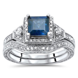 Blue Sapphire & 1/3ct TDW Diamond Engagement Ring Set with Yaffie Touch of Elegance
