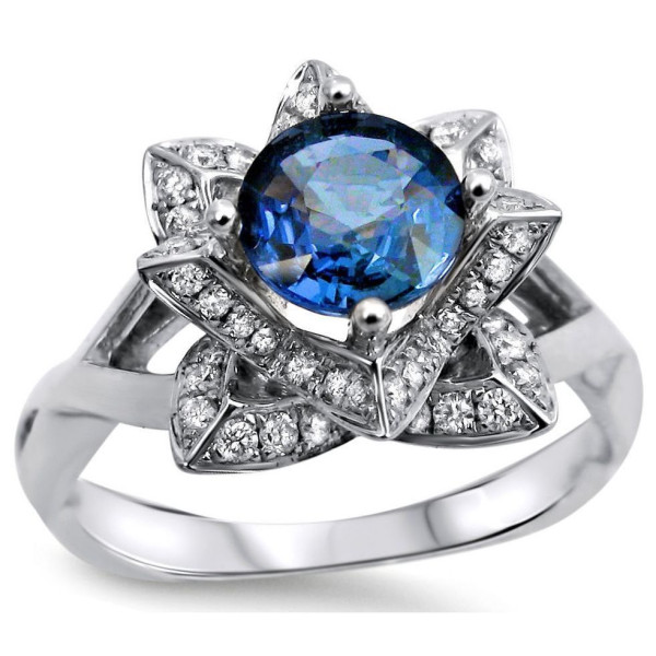 Blue Sapphire Diamond Lotus Engagement Ring by Yaffie - White Gold, 2/5ct Total Weight