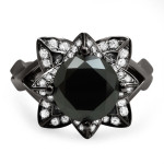 Yaffie 14k Black Gold Lotus Flower Ring Set with 3ct TDW Black Round Diamonds - Uniquely Tailored