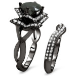 Yaffie 14k Black Gold Lotus Flower Ring Set with 3ct TDW Black Round Diamonds - Uniquely Tailored