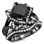 Yaffie 14k Black Gold Lotus Flower Ring Set with 3ct TDW Black Round Diamonds - Uniquely Tailored