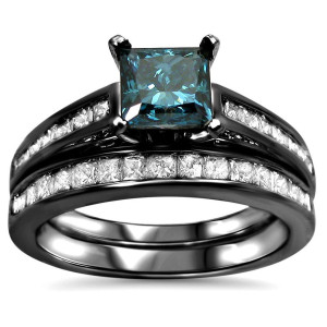 Yaffie ™ Handcrafted Blue Diamond Engagement Ring Set in 14k Black Rhodium White Gold with 1 3/5 TDW
