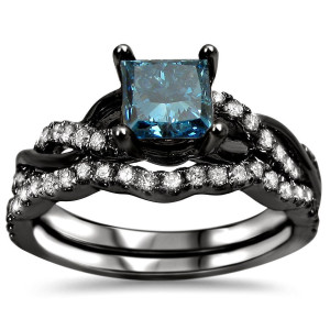 Yaffie ™ Custom-Made 14k Black Rhodium-Plated Blue Diamond Engagement Ring Set, Featuring 1 1/5ct. TDW.