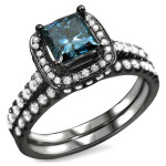 Yaffie™ Handcrafted 14k Black Rhodium Bridal Set with 1 1/2ct Royal Blue Princess-cut Diamonds