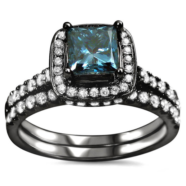 Yaffie™ Handcrafted 14k Black Rhodium Bridal Set with 1 1/2ct Royal Blue Princess-cut Diamonds