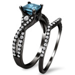 Yaffie ™ Custom-Made Princess-cut Bridal Set with a Stunning 1 1/2ct Blue Diamond - The Black Gold Beauty