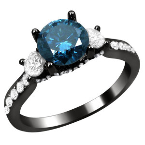 Yaffie ™ 1 1/2ct Blue and White Round Diamond Ring - The Impeccable Black Gold Masterpiece.