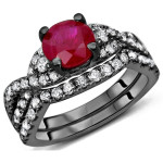 Yaffie Exquisite 1ct Ruby and 3/4ct Diamond Bridal Set - Dazzling Black Gold Customize