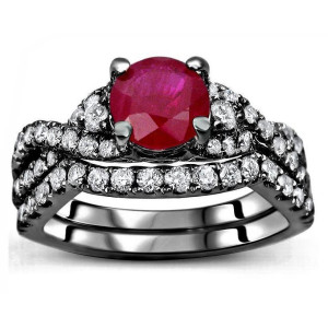 Yaffie Exquisite 1ct Ruby and 3/4ct Diamond Bridal Set - Dazzling Black Gold Customize