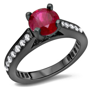 Yaffie ™ Custom 1ct TGW Black Gold Engagement Ring with 3/5ct TDW Sparkling Diamonds and a Radiant Ruby