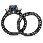 Custom Yaffie ™ Bridal Ring Set with Blue and White Round Diamonds - 2 1/4ct TDW in Black Gold