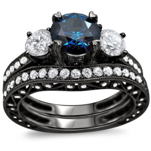 Custom Yaffie ™ Bridal Ring Set with Blue and White Round Diamonds - 2 1/4ct TDW in Black Gold