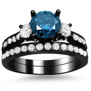 Yaffie Blue And White Round Diamond Bridal Ring Set - Black Gold 2 With 1/6ct Sparkle!