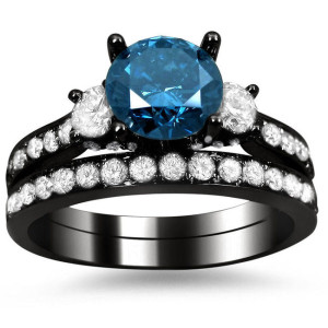 Yaffie ™ Custom Black Gold Bridal Set with 2 2/5ct Blue and White Round Diamonds