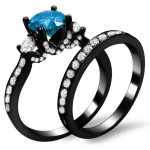 Yaffie ™ Custom Black Gold Bridal Set with 2 2/5ct Blue and White Round Diamonds