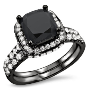 Yaffie ™ Custom-Designed Bridal Ring Set: Opulent Black Gold, adorned with a 2 3/4ct TDW of Black and White Diamonds.