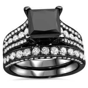 Yaffie Bespoke Princess-cut Black and White Diamond Bridal Set in Black Gold, 4 1/2ct.